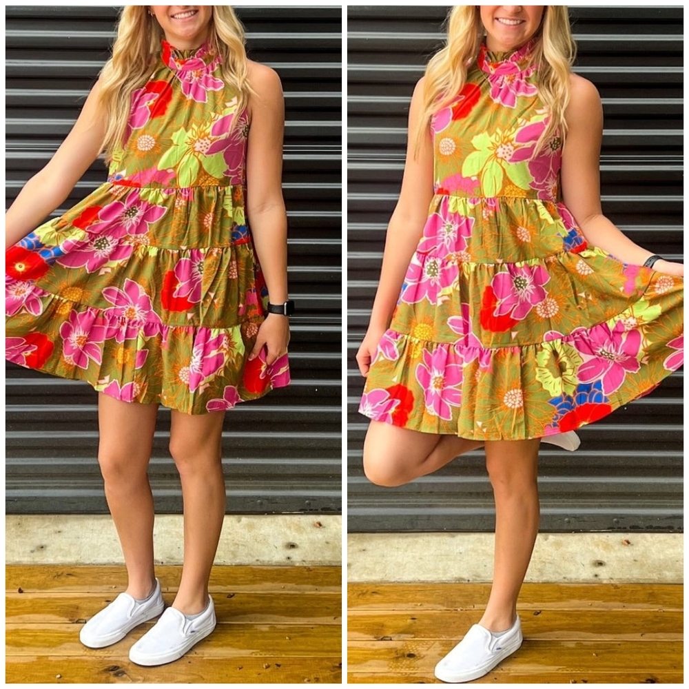 TCEC Floral Mock Neck Tiered Short Swing  Dress - Picture 6 of 8